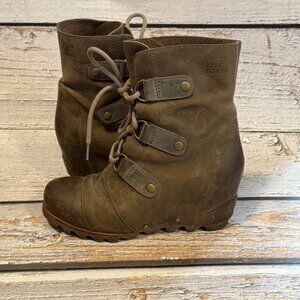 Sorel Joan of Arctic Wedge Boots Womens 7.5 Brown Leather Winter